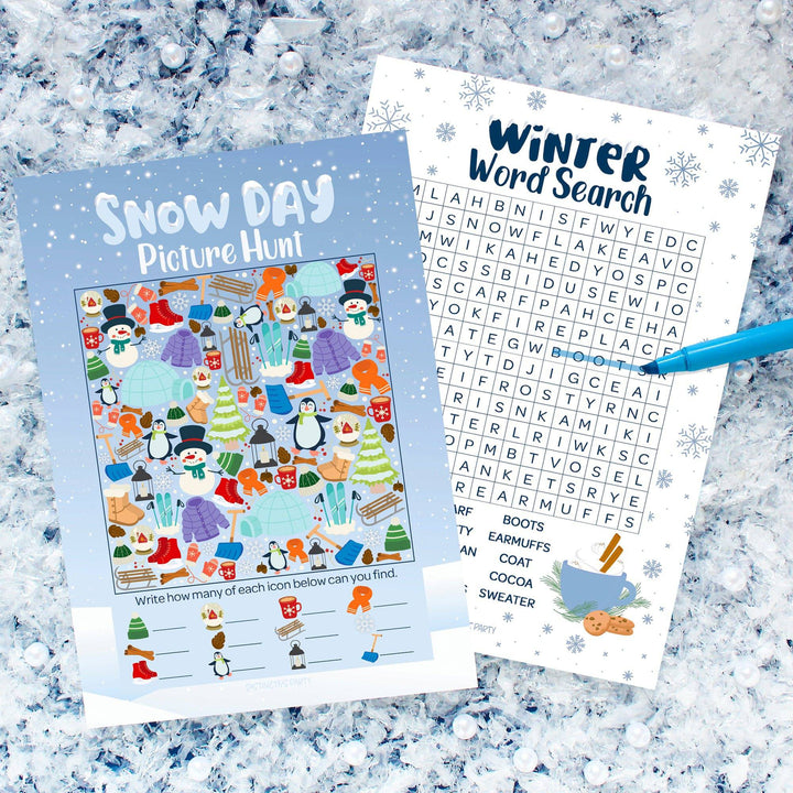 Winter Game: Blue Snowflakes - Winter Word Search, Picture Hunt , Word Scramble and Picture Quiz- 4 Game Bundle for 25 Kids