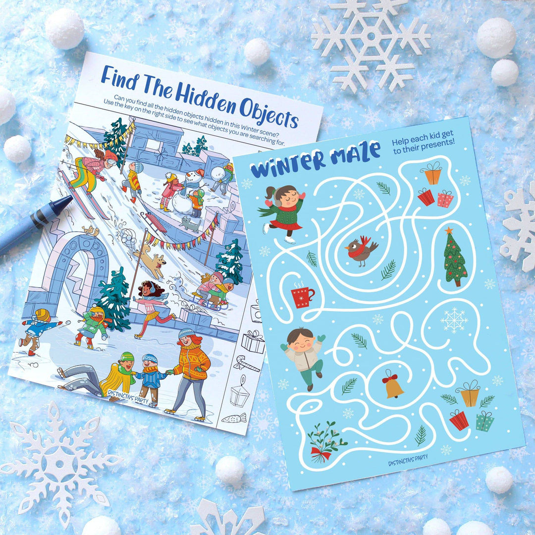 Winter Games: Blue Snowflakes - Hidden Objects, Matching, Maze, Connect the Dots - Preschool - 4 Game Bundle for 25 Kids