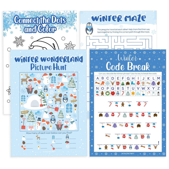 Winter Games: Blue Snowflakes - Picture Hunt, Code Break, Connect Dots, Maze - 4 Game Bundle for 25 Kids