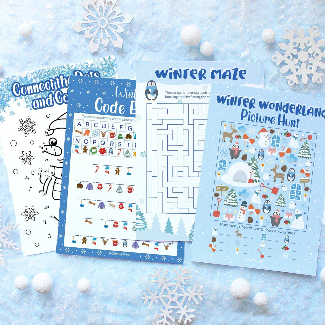 Winter Games: Blue Snowflakes - Picture Hunt, Code Break, Connect Dots, Maze - 4 Game Bundle for 25 Kids