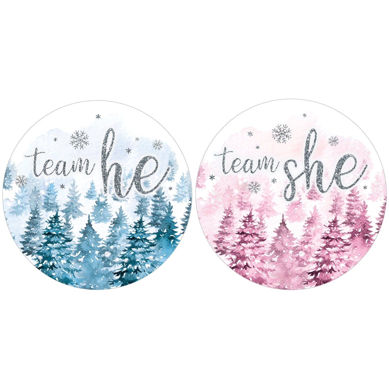 Winter Trees Evergreen: Baby Gender Reveal Party - Team He or She - 40 Stickers - Distinctivs Party