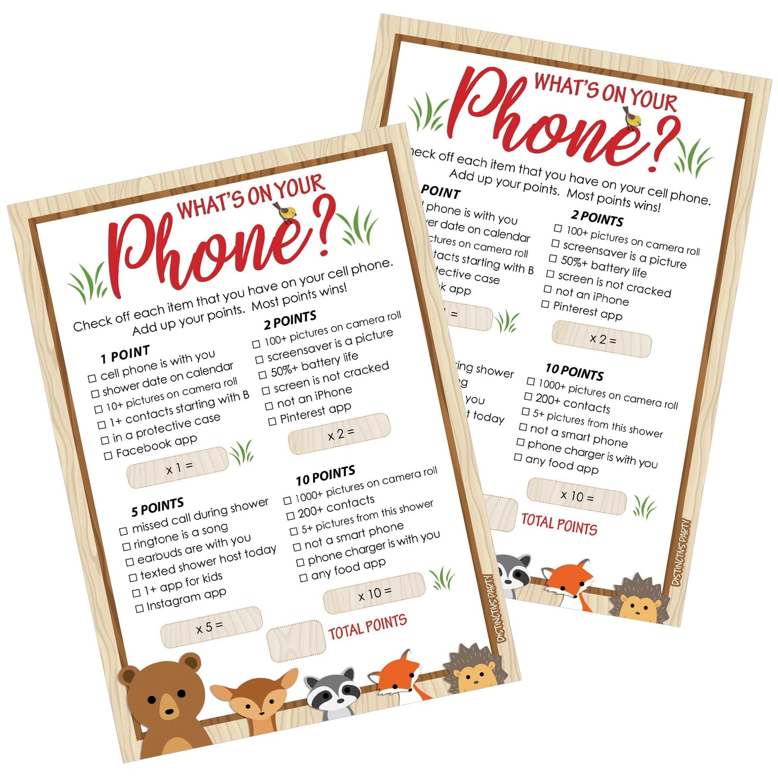 Woodland Baby Shower Game What's On Your Phone - 20 Cards - Distinctivs Party