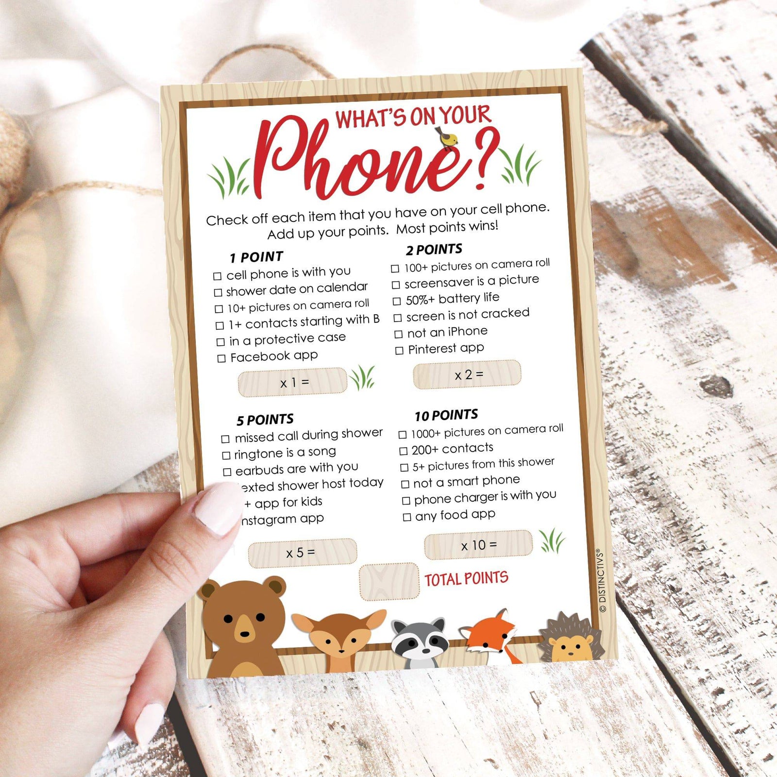 Woodland Baby Shower Game What's On Your Phone - 20 Cards - Distinctivs Party