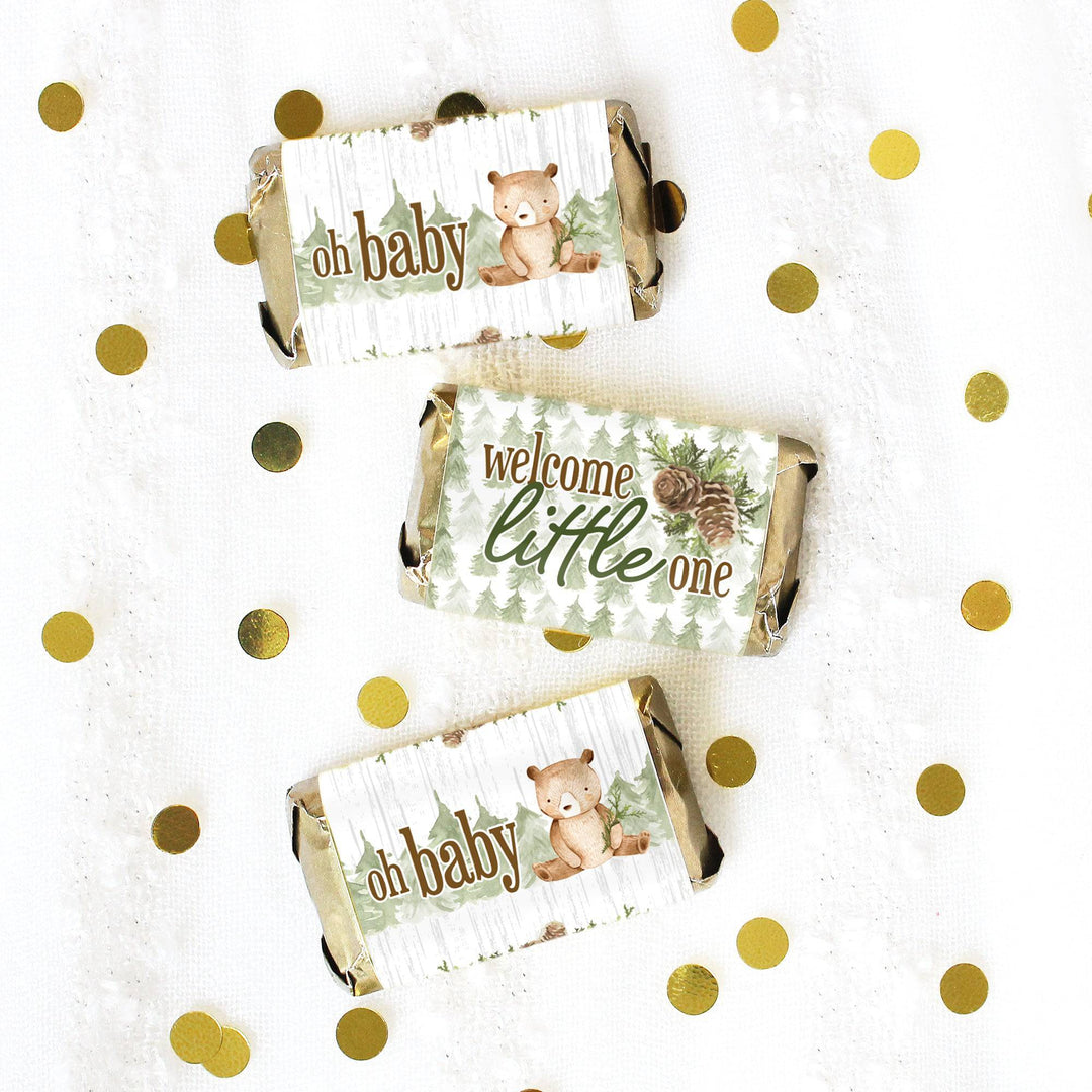 Woodland Bear: Mini etiquetas para barra de dulces para baby shower, 45 pegatinas