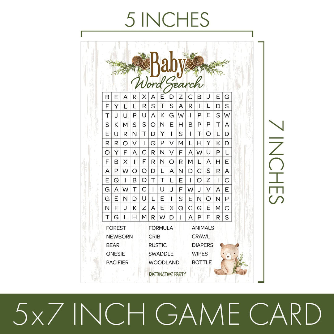 Woodland Bear: Baby Shower Party Game - Word Search - 20 Cards