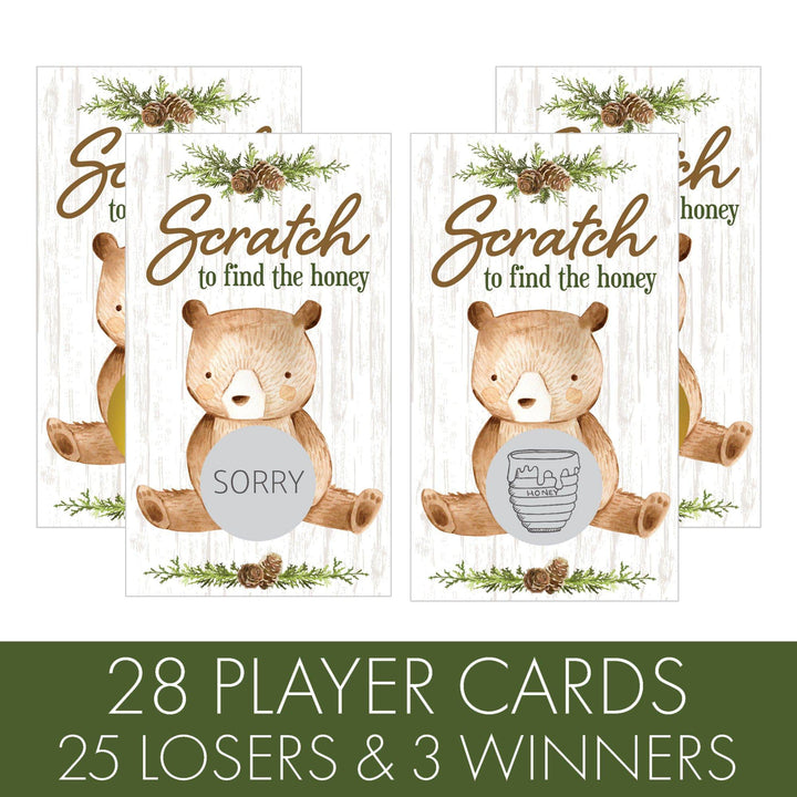 Woodland Bear: Tarjetas de juego para raspar y raspar para Baby Shower, 28 unidades