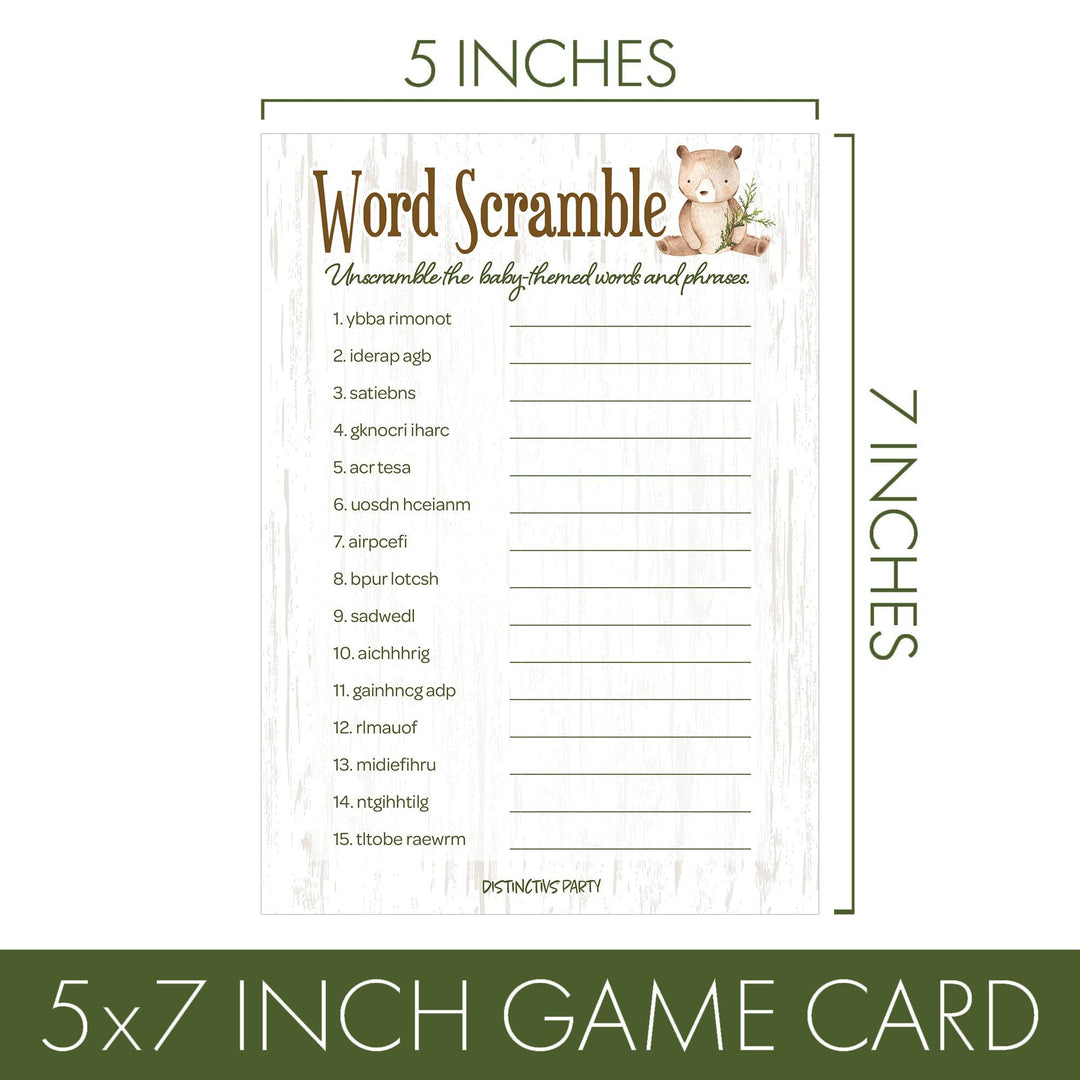 Woodland Bear: Paquete de dos juegos para Baby Shower - Qué hay en tu teléfono y Word Scramble - 20 tarjetas de doble cara