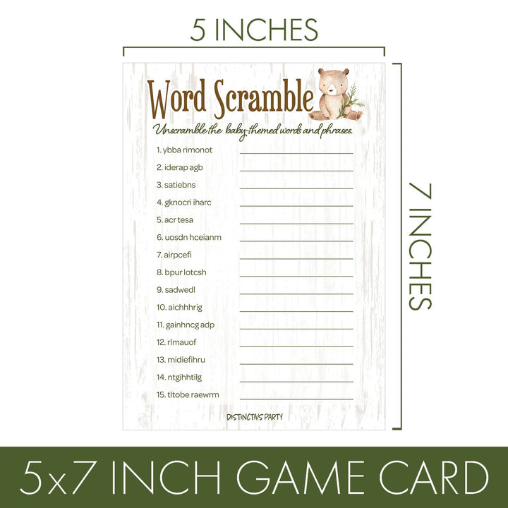 Woodland Bear: Paquete de dos juegos para Baby Shower - Qué hay en tu teléfono y Word Scramble - 20 tarjetas de doble cara