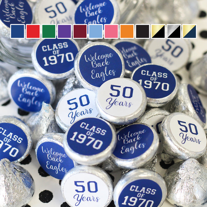 Pegatinas personalizadas para recuerdos de fiesta de reunión de clase - 180 unidades (12 opciones de color)