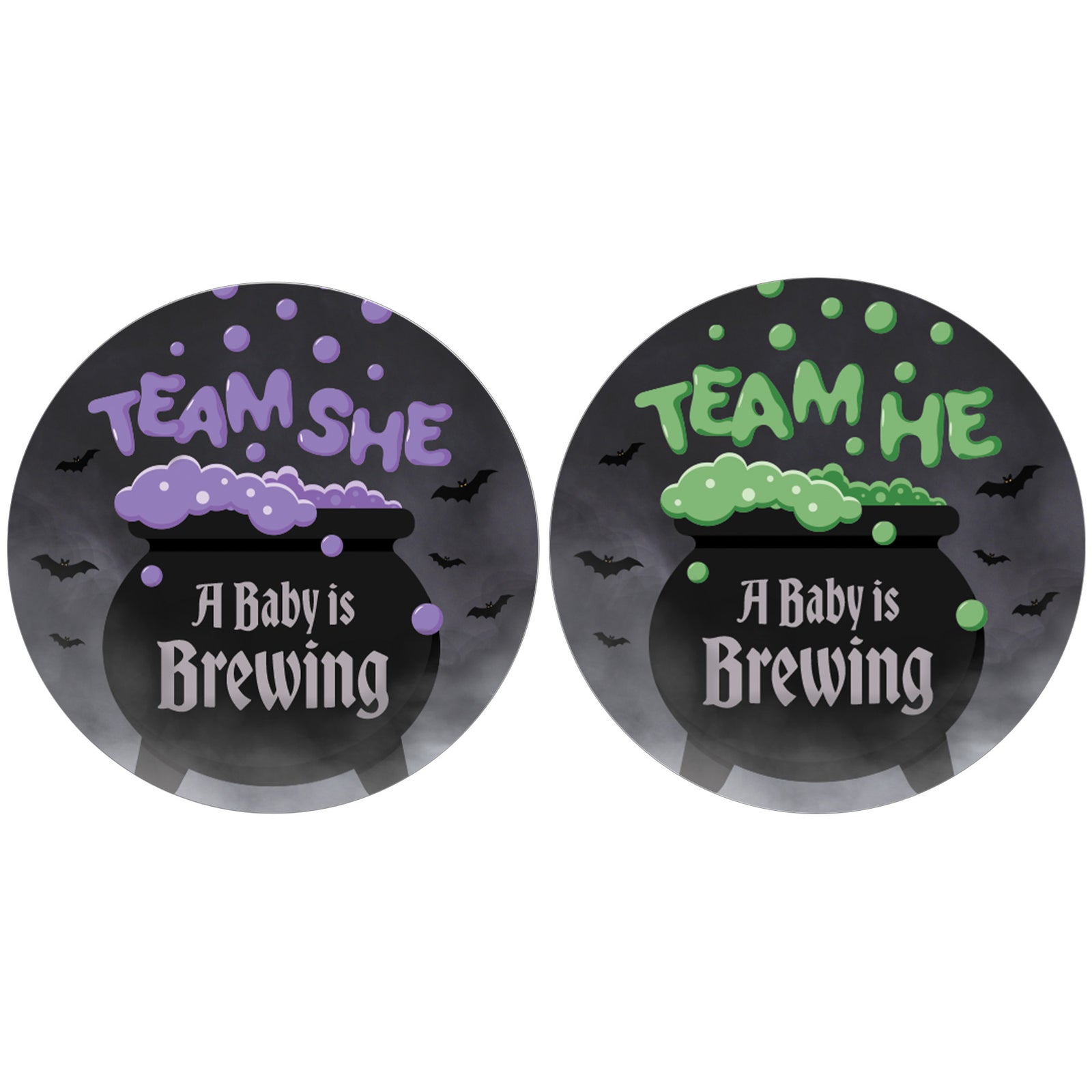 Halloween Gender Reveal Party: Purple and Green Baby is Brewing- Baby Shower - Team He or Team She Voting - 40 Stickers - Distinctivs Party