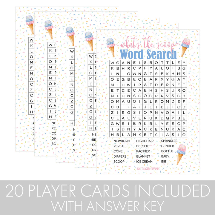 What’s the Scoop: Ice Cream - Gender Reveal Party Game - Word Search - 20 Cards