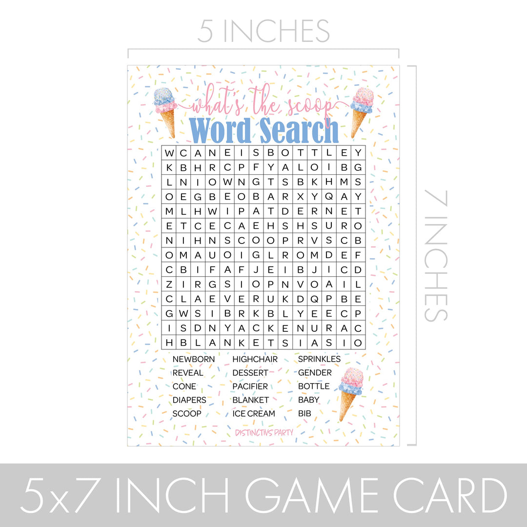What’s the Scoop: Ice Cream - Gender Reveal Party Game - Word Search - 20 Cards