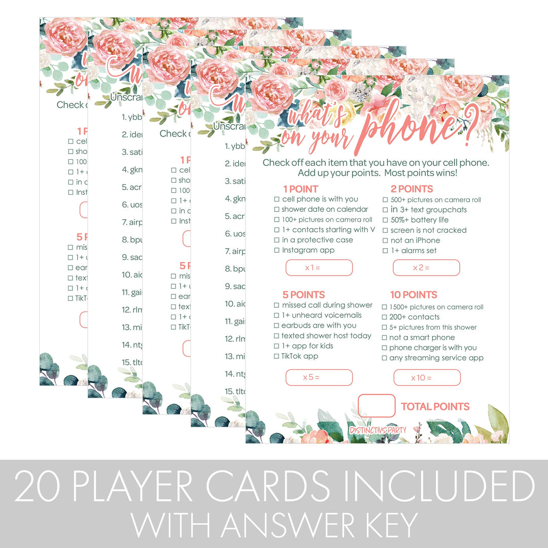 Pink Floral: Juego de baby shower - Qué hay en tu teléfono y Word Scramble - Paquete de dos juegos - Primavera, niña - 20 tarjetas de doble cara