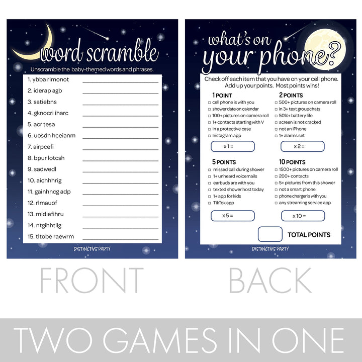 I Love You to the Moon and Back: Baby Shower Game - What's On Your Phone and Word Scramble - Two Game Bundle -  20 Dual Sided Cards