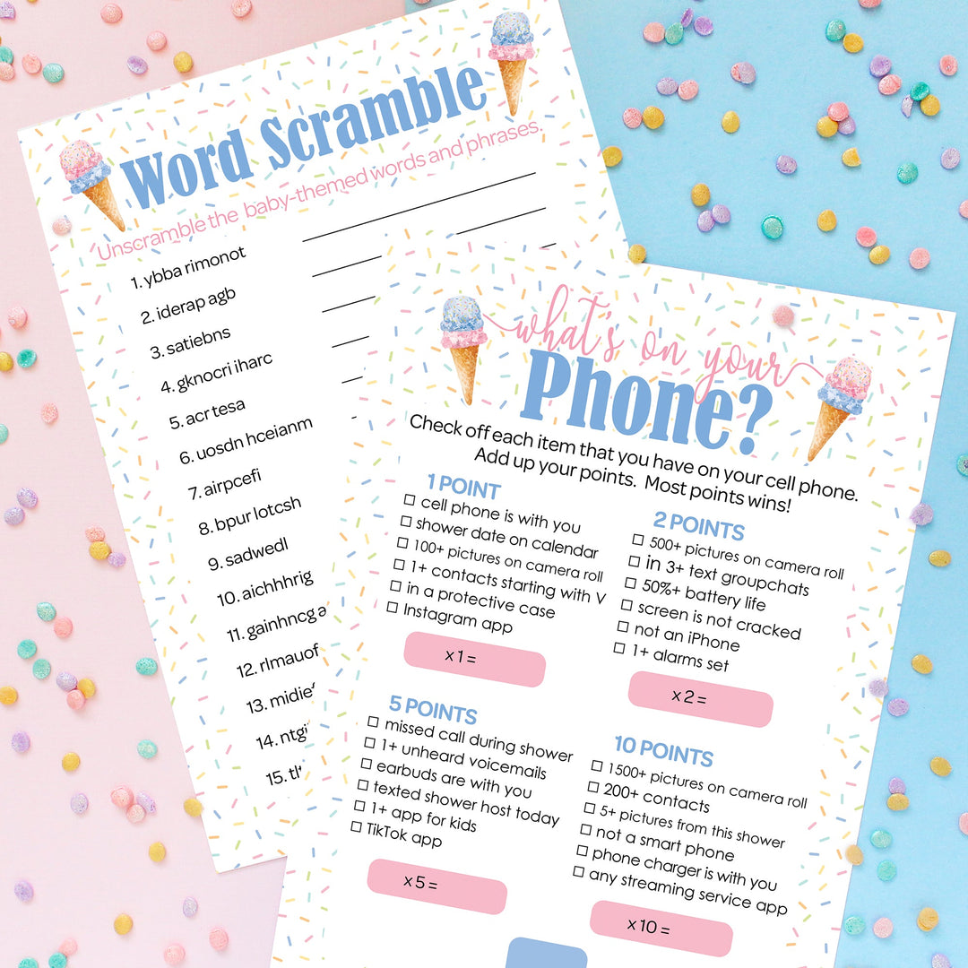 What's the Scoop:  Ice Cream - Gender Reveal Party Game - What's On Your Phone and Word Scramble - Two Game Bundle -  20 Dual Sided Cards