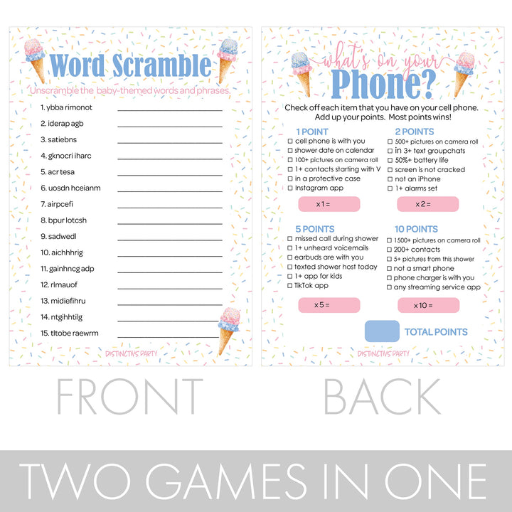 What's the Scoop:  Ice Cream - Gender Reveal Party Game - What's On Your Phone and Word Scramble - Two Game Bundle -  20 Dual Sided Cards