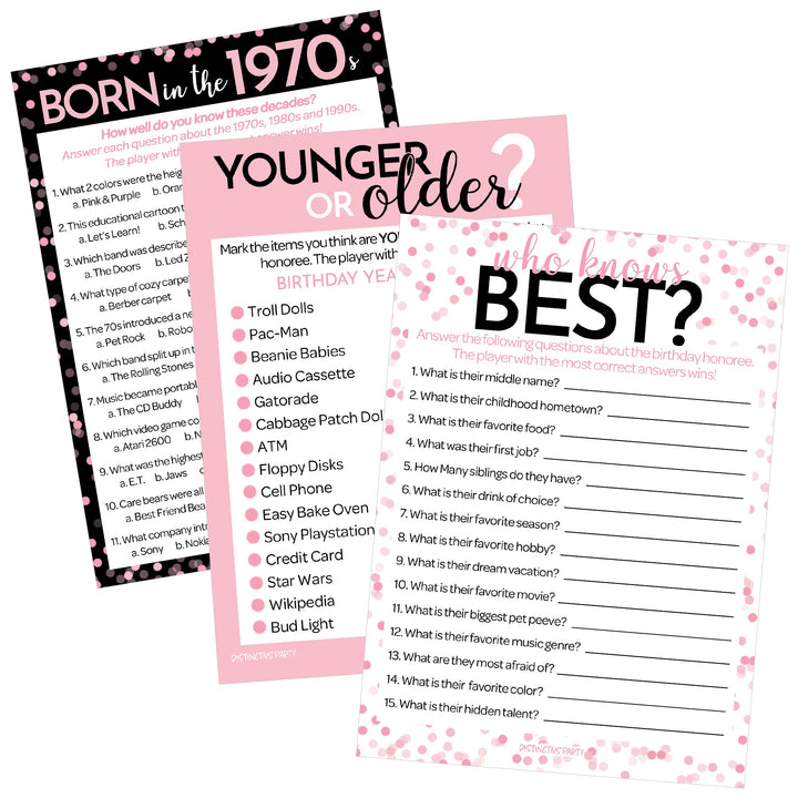 Born in The 1970s Pink & Black - Adult Birthday - Party Game Bundle - 3 Games for 20 Guests