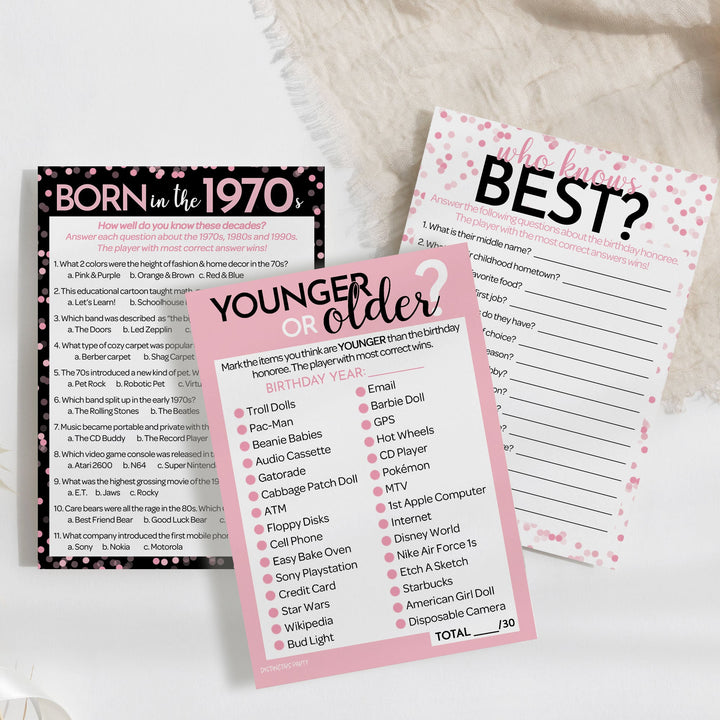 Born in The 1970s Pink & Black - Adult Birthday - Party Game Bundle - 3 Games for 20 Guests
