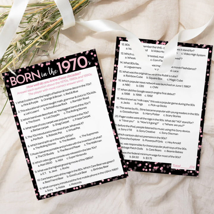 Born in The 1970s Pink & Black - Adult Birthday - Party Game Bundle - 3 Games for 20 Guests