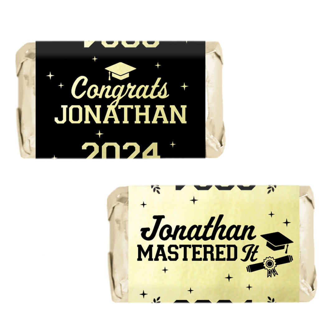 Graduación de maestría personalizada: negro y dorado - Nombre y año personalizados - Envoltorios para barra de chocolate - Se adapta a miniaturas Hershey® - 45 pegatinas