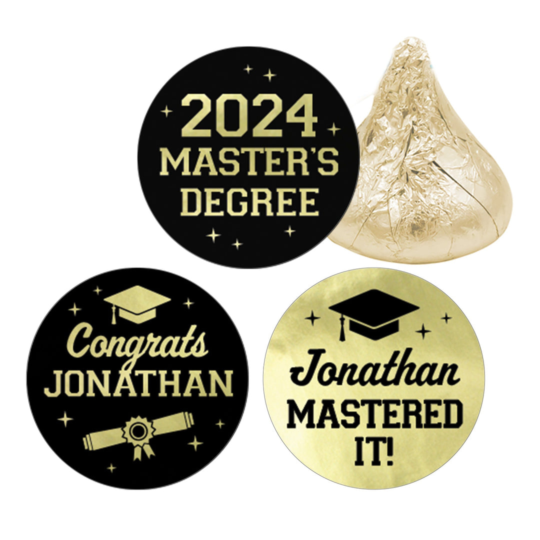 Personalized Master's Degree Graduation: Black and Gold - Custom Name & Year - Fits on Hershey® Kisses - 180 Stickers