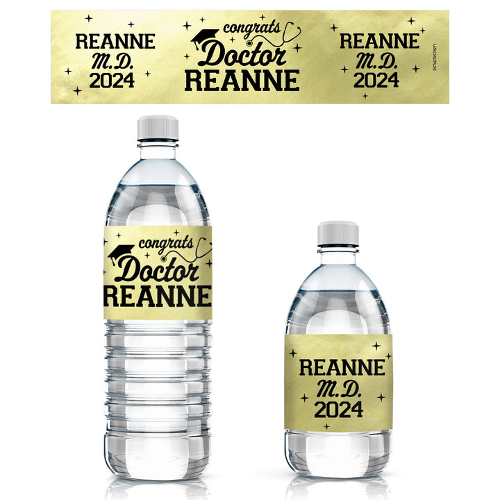 Graduación médica MD personalizada: negro y dorado - Nombre y año personalizados - Etiquetas para botellas de agua para fiestas - 24 pegatinas impermeables