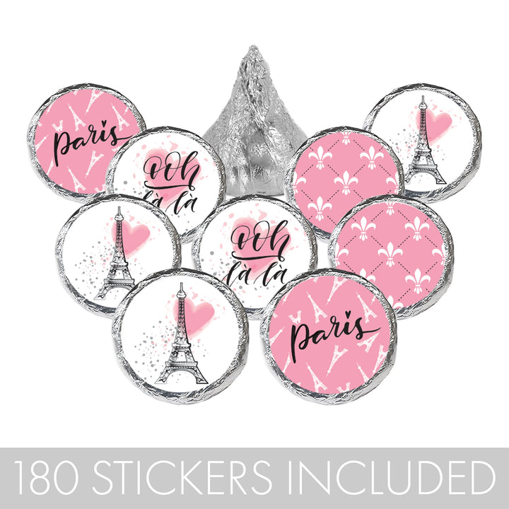 París en rosa: cumpleaños infantil - Pegatinas para regalos de fiesta - Se adapta a Hershey's Kisses - 180 pegatinas