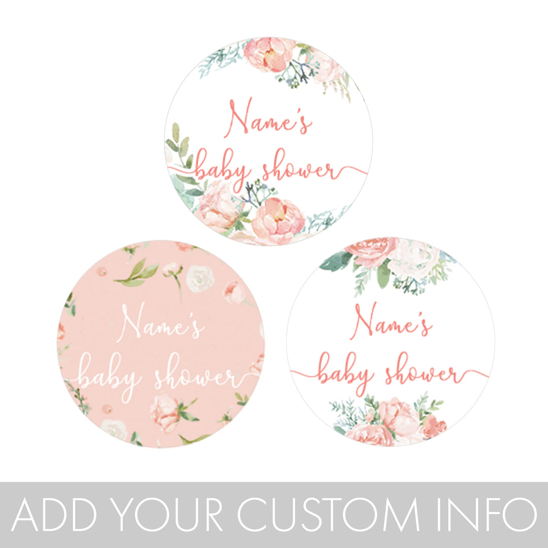 Personalized Pink Floral: Baby Shower Favor Stickers - Fits on Hershey's Kisses - Spring, Girl - 180 Stickers