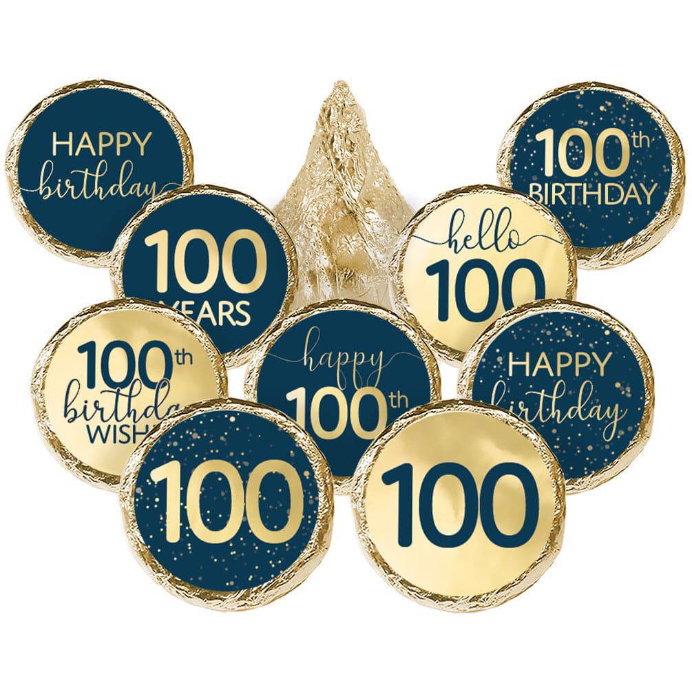 100th Birthday: Navy Blue & Gold - Adult Birthday - Hershey's® Kisses Candy Stickers - 180 Stickers - Distinctivs Party