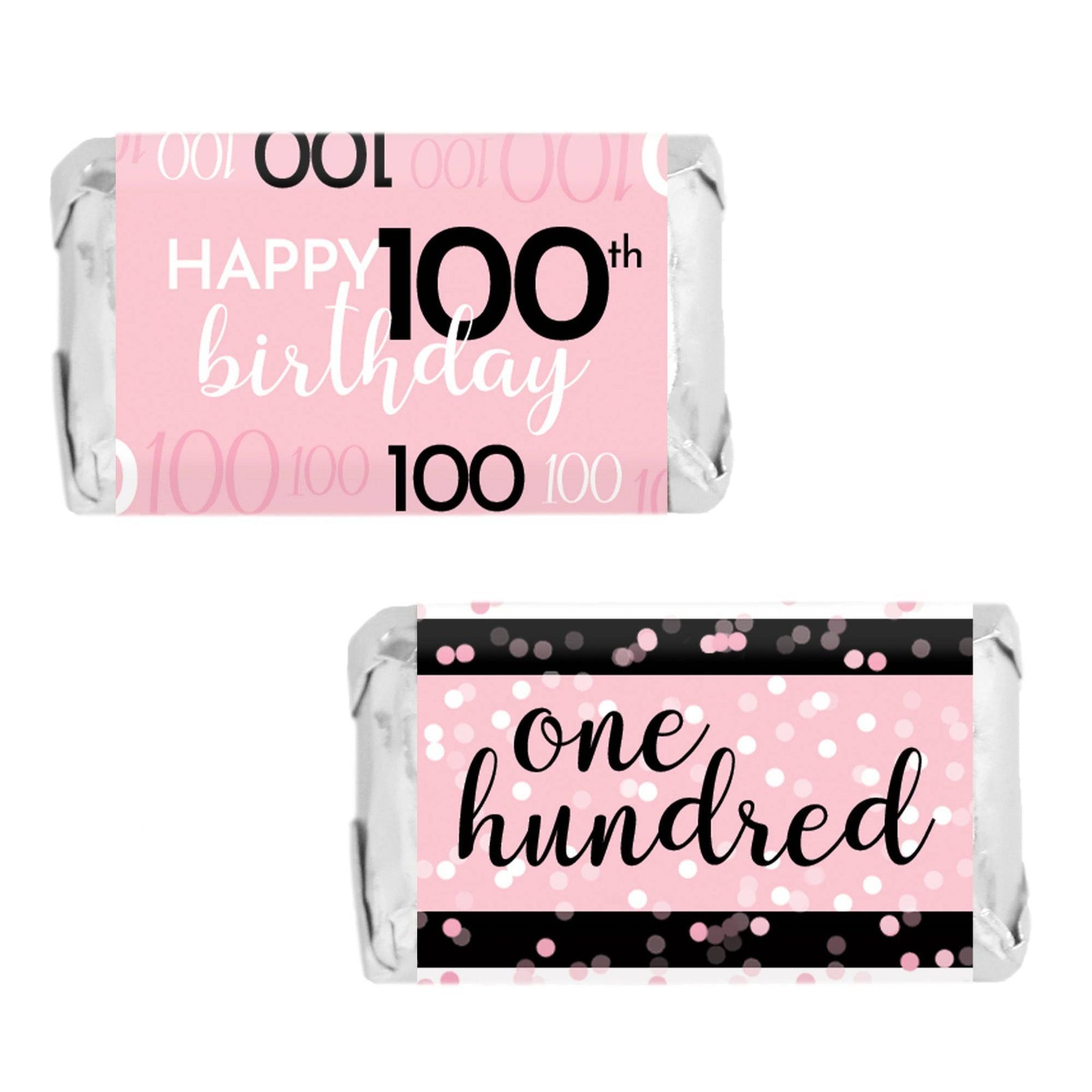 100th Birthday: Pink and Black - Adult Birthday - Hershey's Miniatures Candy Bar Wrappers Stickers - 45 Stickers - Distinctivs Party