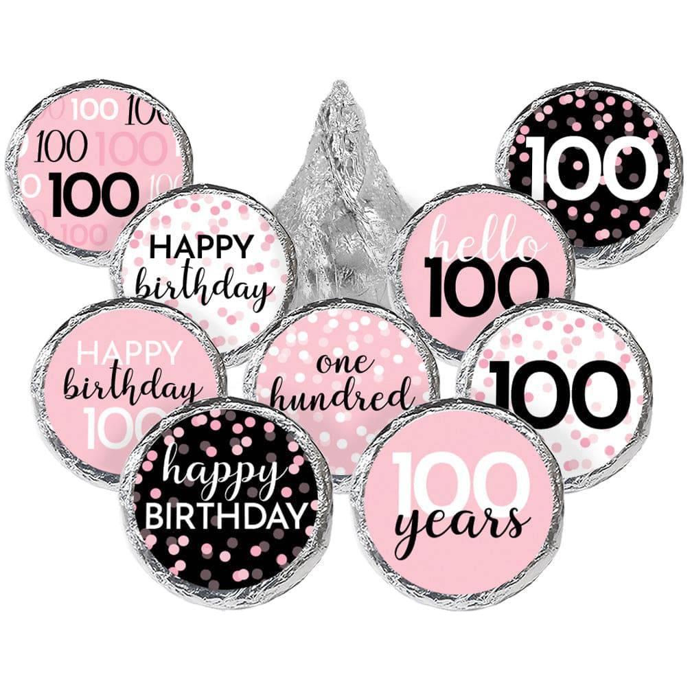 100th Birthday: Pink and Black - Adult Birthday - Party Favor Stickers - Fits on Hershey's Kisses - 180 Stickers - Distinctivs Party