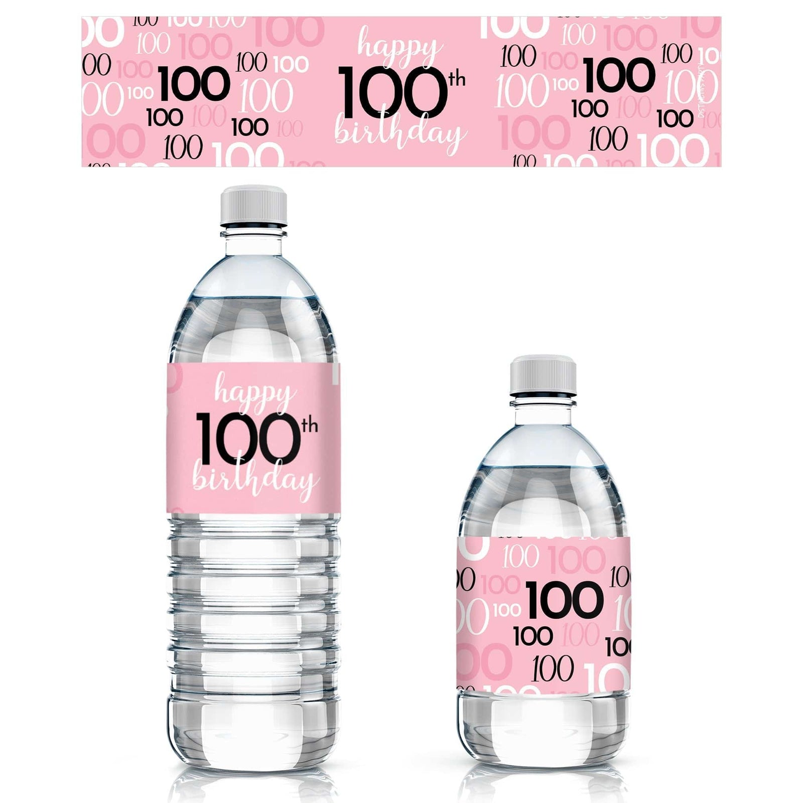 100th Birthday: Pink and Black - Adult Birthday - Water Bottle Label Stickers - 24 Waterproof Stickers - Distinctivs Party