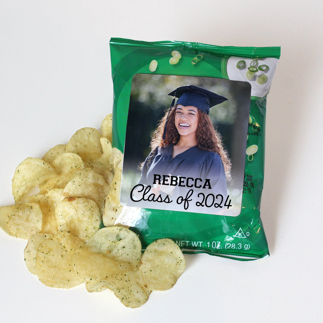 Personalized Graduation Photo Name & Year:  Photo Chip Bag Stickers - 32 or 96 Stickers