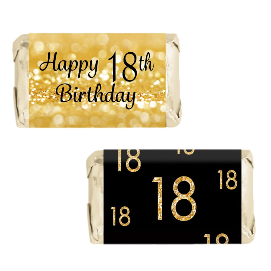 Perfect for an 18th birthday party, these black and gold mini candy bar stickers - 45 count will add the finishing touch.