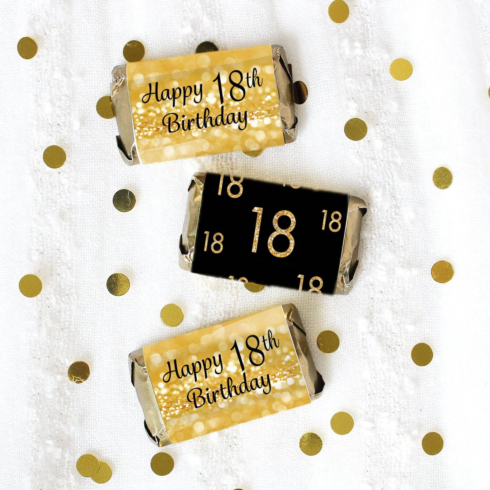 18th Birthday: Black and Gold - Hershey's Miniatures Candy Bar Wrappers Stickers - 45 Stickers - Distinctivs Party
