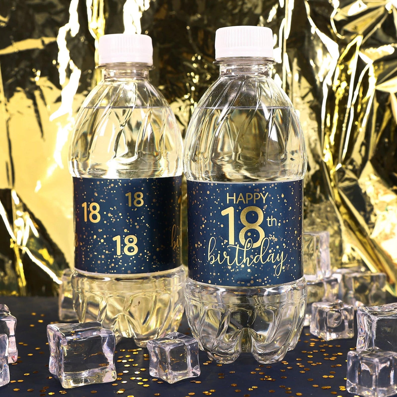 18th Birthday: Navy Blue & Gold - Adult Birthday -  Water Bottle Labels - 24 Waterproof Stickers - Distinctivs Party
