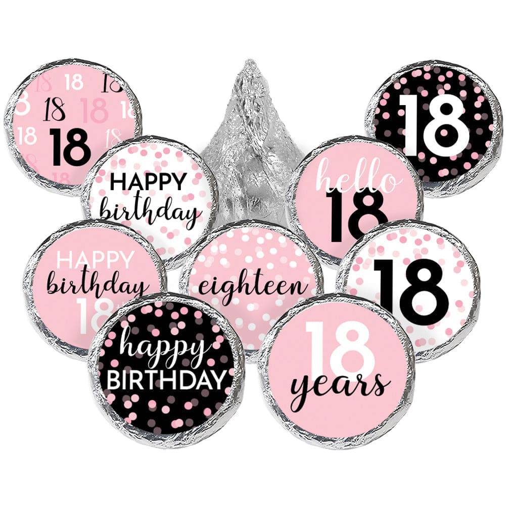 18th Birthday: Pink and Black - Adult Birthday - Party Favor Stickers - Fits on Hershey's Kisses - 180 Stickers - Distinctivs Party