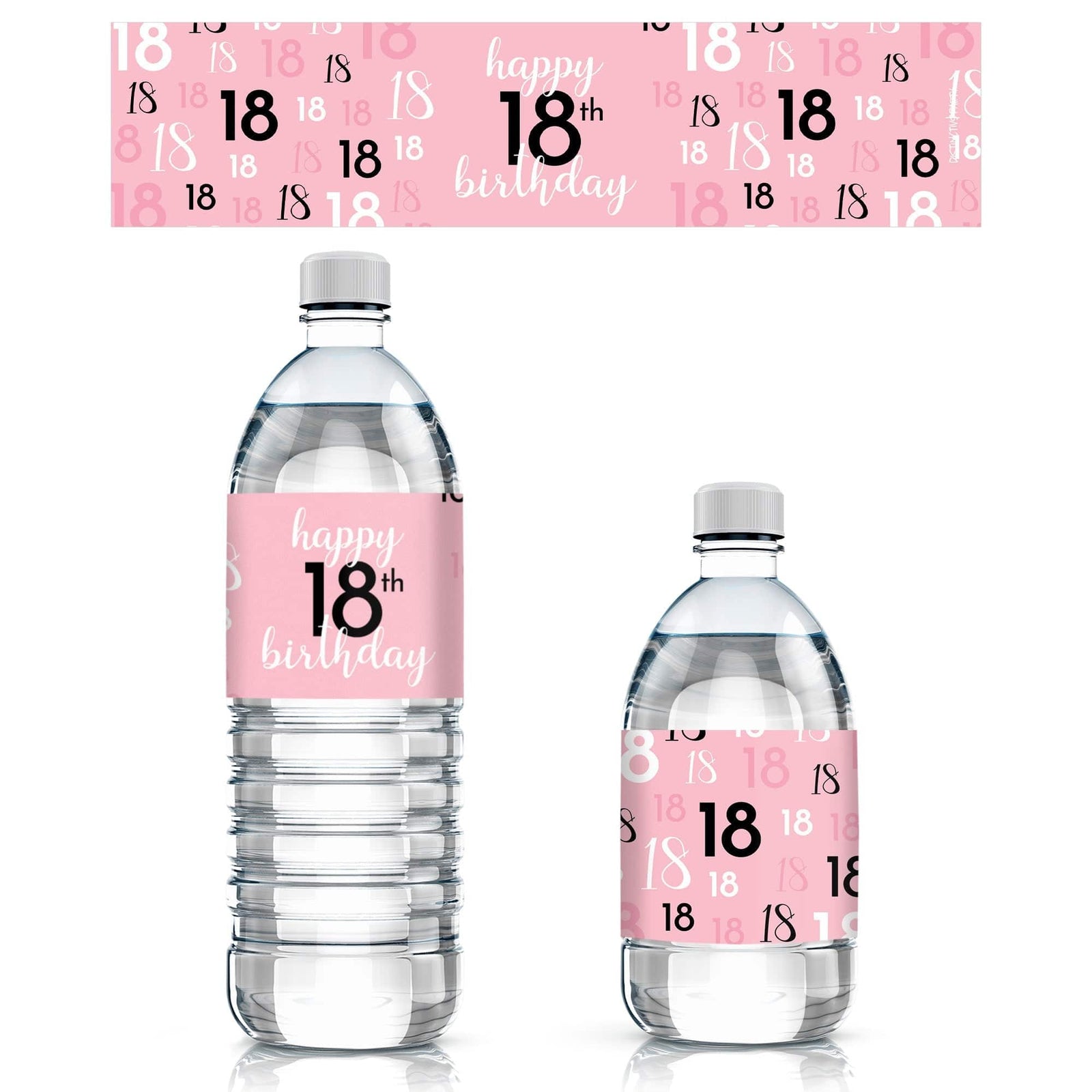18th Birthday: Pink and Black - Adult Birthday - Water Bottle Label Stickers - 24 Waterproof Stickers - Distinctivs Party
