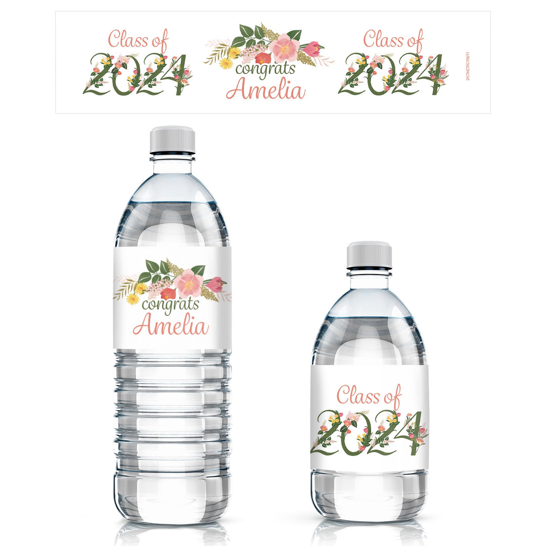 Etiquetas personalizadas para botellas de agua de graduación floral, decoración impermeable para fiestas de graduación - Clase de 2024