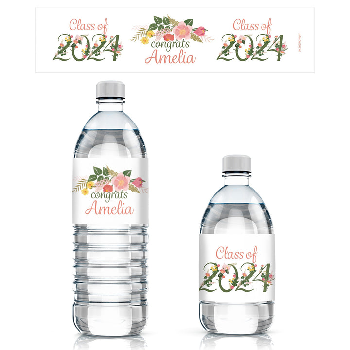 Etiquetas personalizadas para botellas de agua de graduación floral, decoración impermeable para fiestas de graduación - Clase de 2024