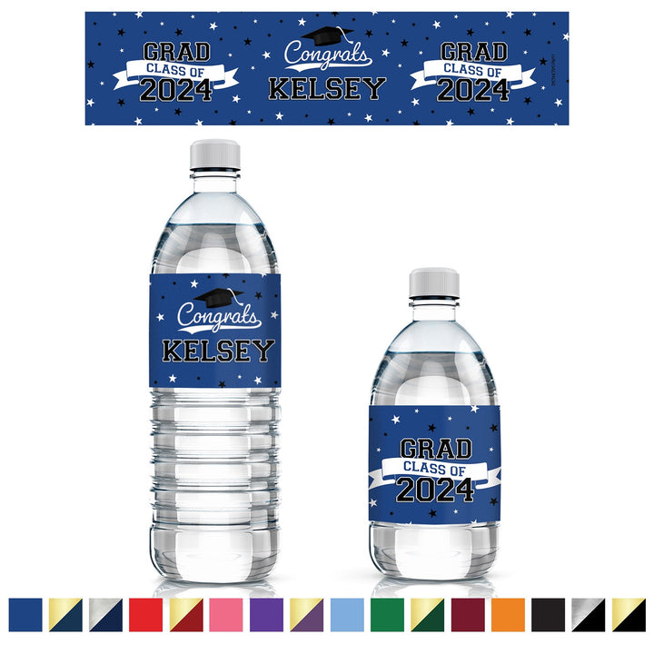 Graduación personalizada: 16 opciones de color - Nombre y año personalizados - Etiquetas para botellas de agua - 24, 100 o 250 pegatinas impermeables