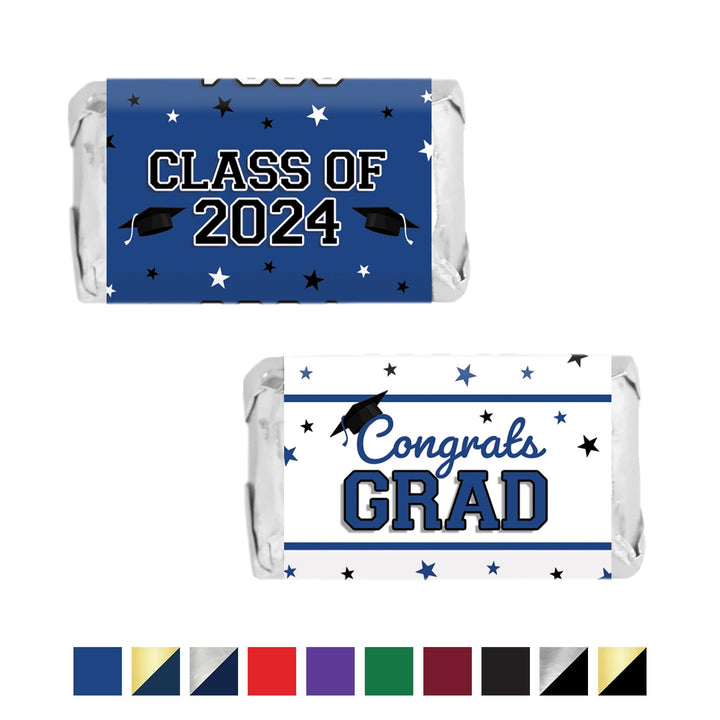 Promoción de graduación de 2024: obsequios para la fiesta de graduación - Mini etiquetas para envolver barras de chocolate y dulces - Se adapta a miniaturas Hershey® - 10 colores escolares - 45 pegatinas