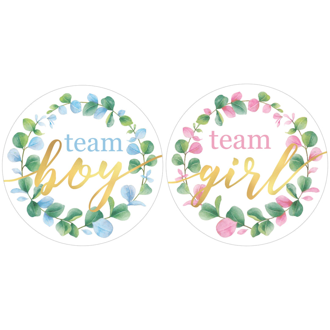 Greenery: Gender Reveal Party Stickers - Team He or Team She Voting Stickers - 40 Stickers