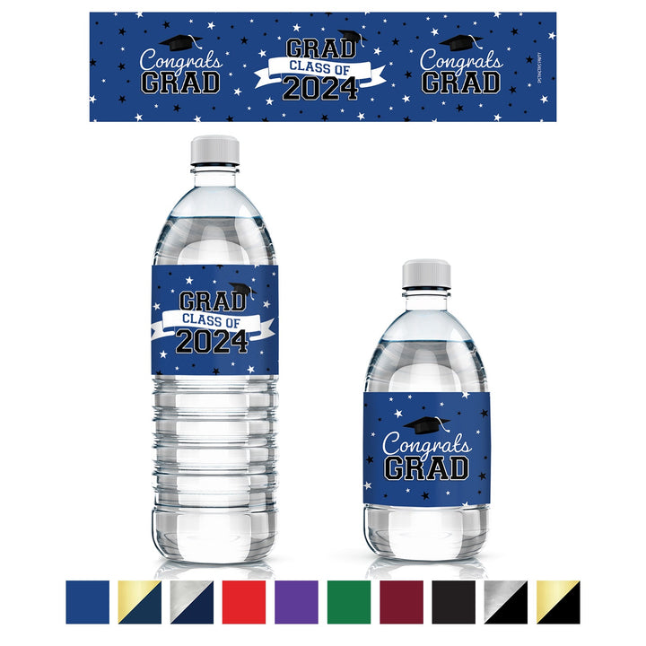 Graduation Class of 2024: Graduation Party Favors - Water Bottle Labels  - 10 School Colors - 24 Waterproof Stickers