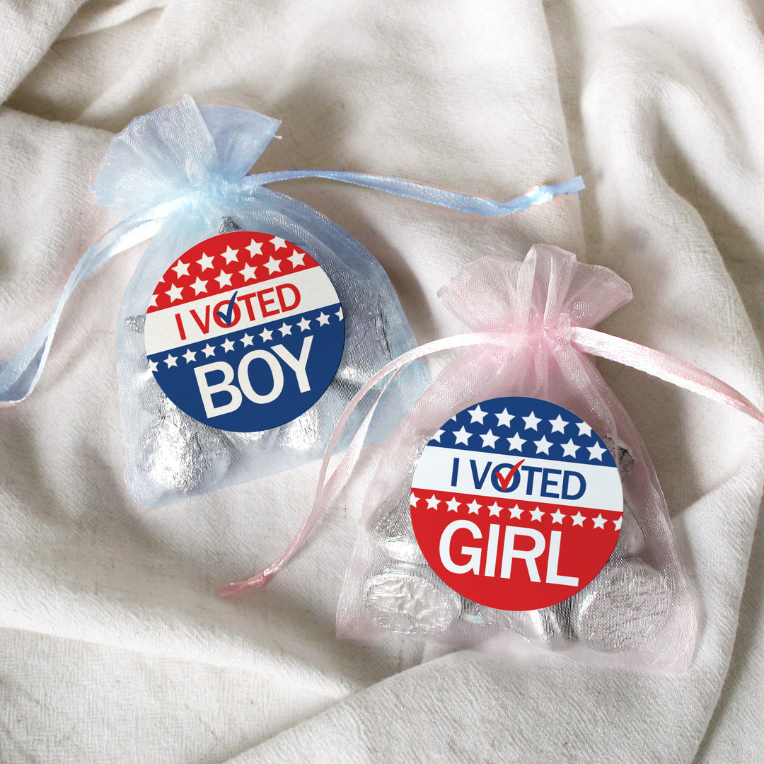 Patriótico: Fiesta de revelación de género del bebé - Pegatinas para votar niño o niña - 40 pegatinas