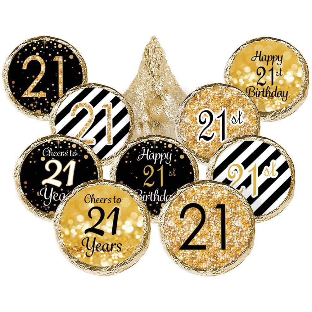 21st Birthday: Black and Gold - Party Favor Stickers - Fits on Hershey's Kisses - 180 Stickers - Distinctivs Party