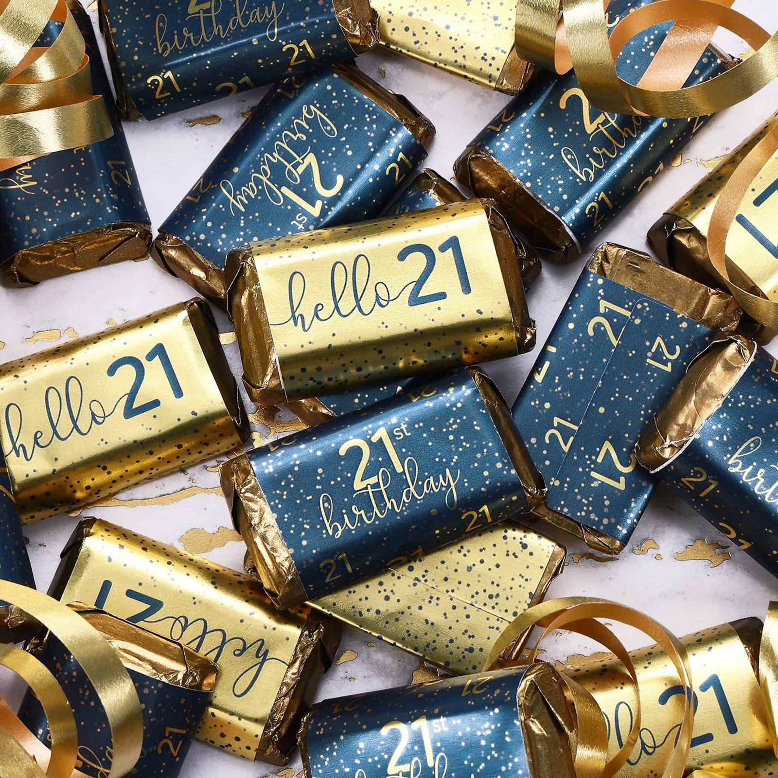 21st Birthday: Navy Blue & Gold - Adult Birthday - Hershey's® Miniatures Candy Bar Wrappers Stickers - 45 Stickers - Distinctivs Party