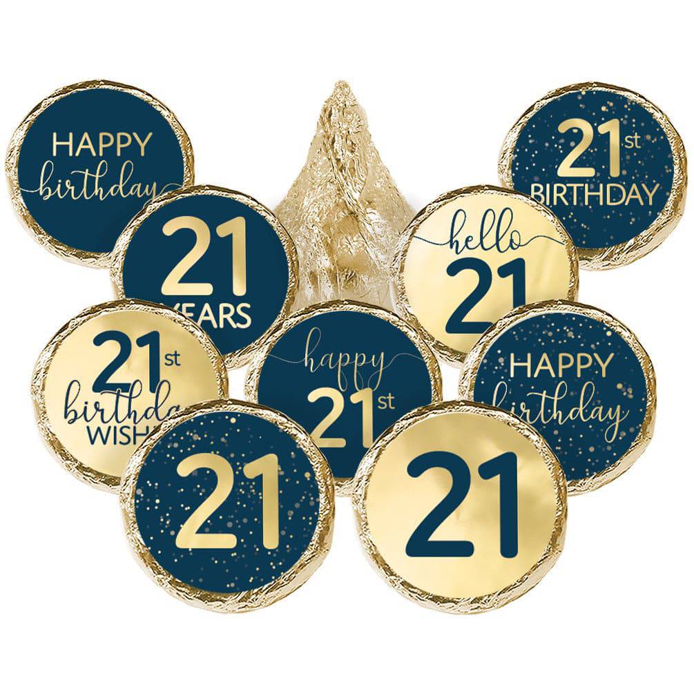 21st Birthday: Navy Blue & Gold - Adult Birthday - Stickers - Fits Hershey's Kisses Candy - 180 Stickers - Distinctivs Party