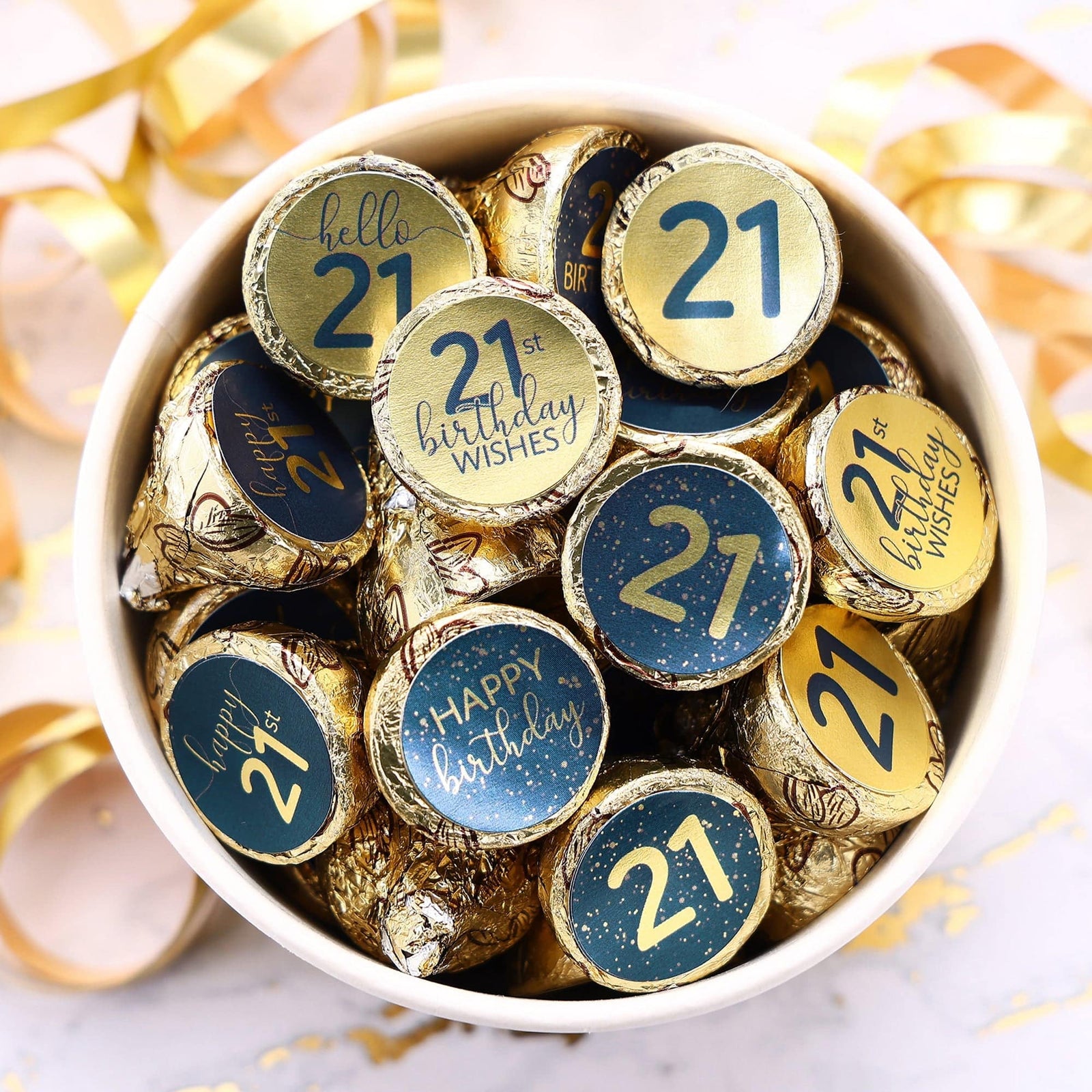 21st Birthday: Navy Blue & Gold - Adult Birthday - Stickers - Fits Hershey's Kisses Candy - 180 Stickers - Distinctivs Party