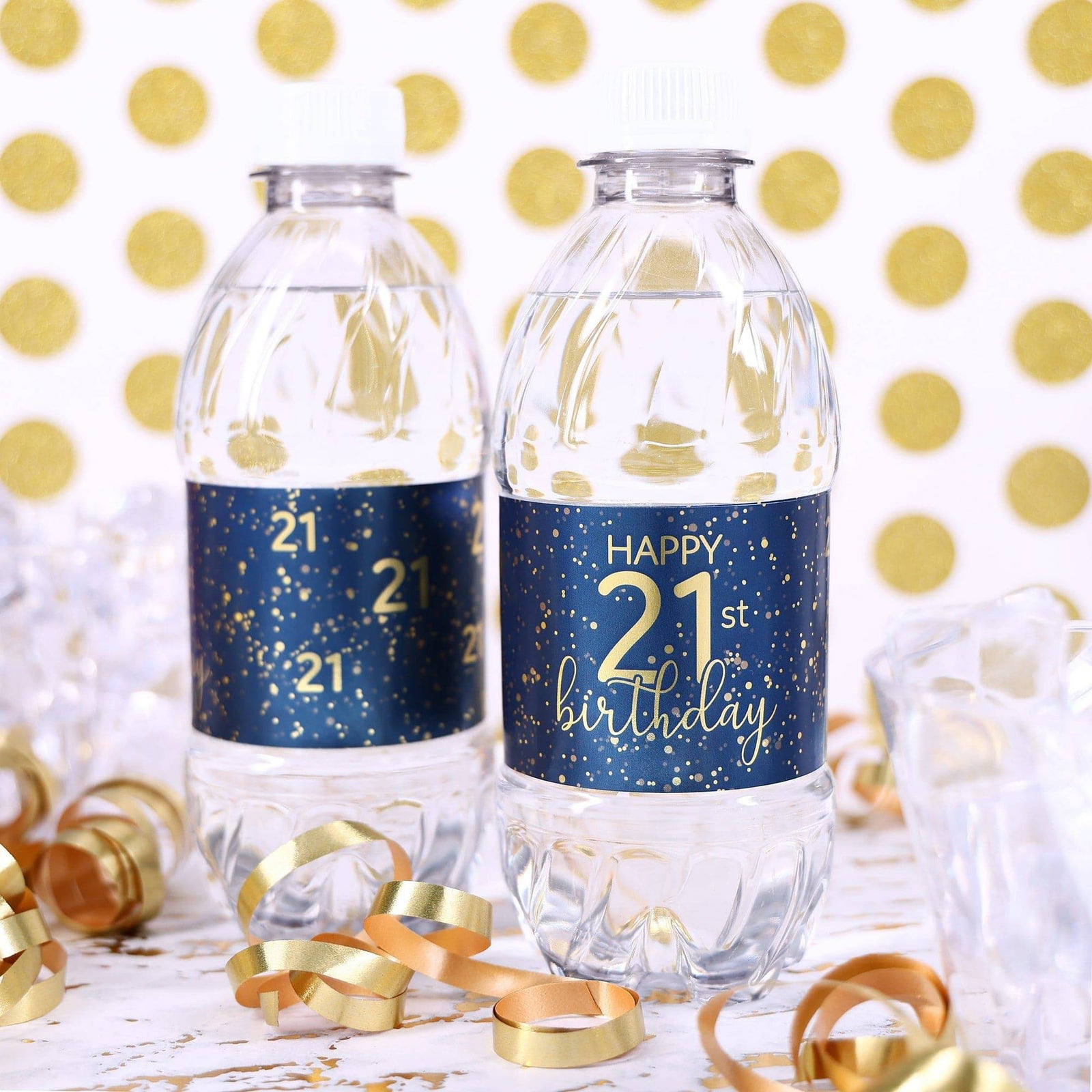 21st Birthday: Navy Blue & Gold - Adult Birthday - Water Bottle Labels -24 Waterproof Stickers - Distinctivs Party